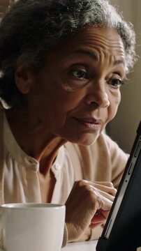 Vertical video: Gazing at tablet, woman in cardigan tapping screen in kitchen reading with mug