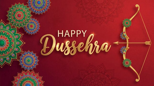 Happy dussehra greeting card design with golden bow and arrow symbol on a dark red background with decorative patterns