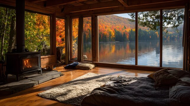 Lakeside cabin interior with wood stove and large windows showing fall foliage