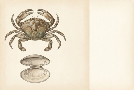 Vintage Marine Study of Crab and Open Clam Shell on Sepia Paper