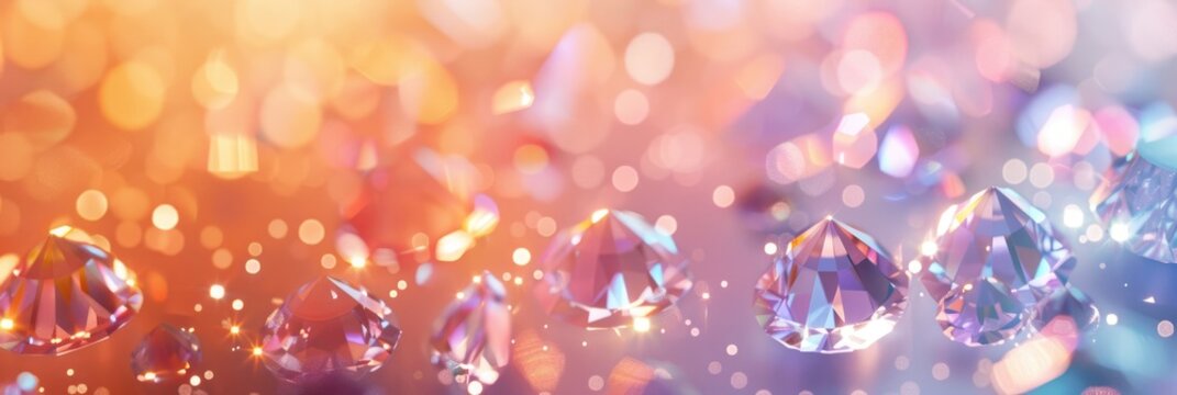Colorful sparkling diamonds on a blurred background. horizontal banner, copy space, free space for text