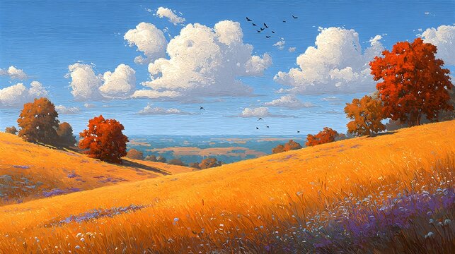 Golden autumn hillside landscape with orange trees under blue sky