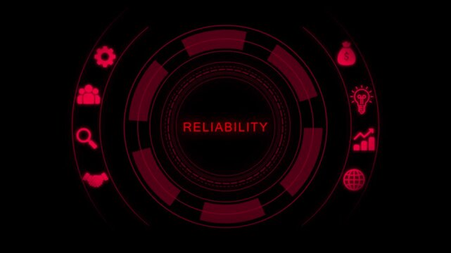 Reliability technology network diagram with glowing red rings and central hub labeled reliability