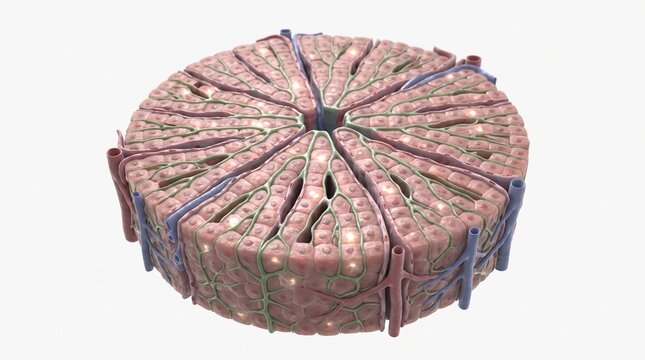 Detailed 3D vector illustration of human liver lobule anatomy showing cellular structure