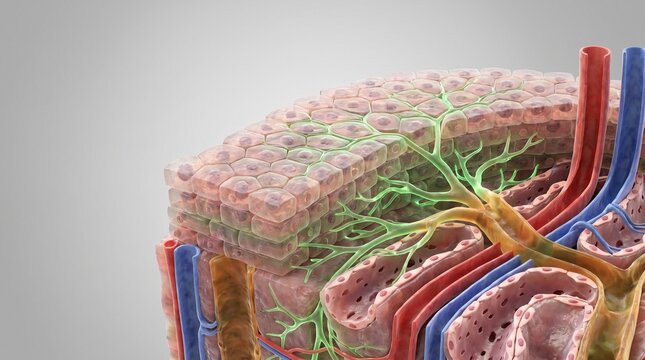 Close up vector illustration of hepatic lobule microstructure depicting hepatocytes and blood