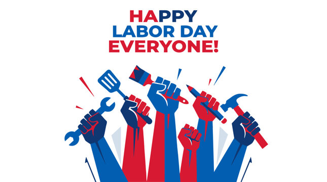 Labor Day celebration vector with raised fists holding tools. Patriotic red and blue worker hands illustration for social media and posters.