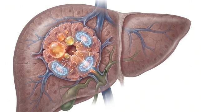 Detailed medical illustration of human liver anatomy showing internal structure and lobules
