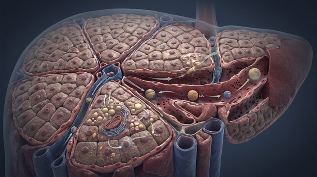 Detailed 3D medical render of human liver cross section showing internal lobular architecture