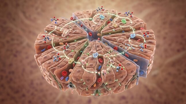 3D vector illustration of hepatic lobule microscopic structure and cellular anatomy