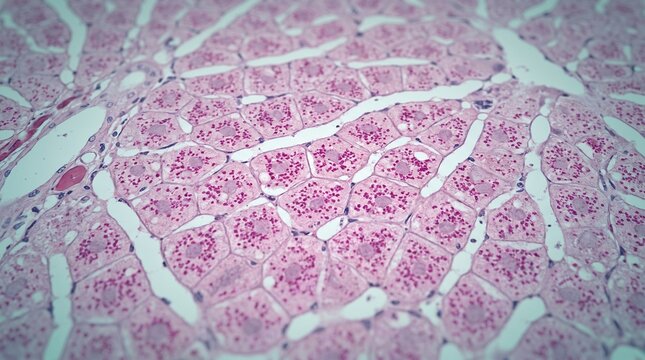 Microscopic view of liver tissue histology showing hepatocytes and sinusoids under microscope