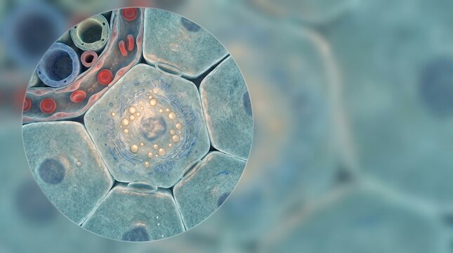 Microscopic view of single hepatic lobule and hepatocytes cells anatomy with hepatocyte
