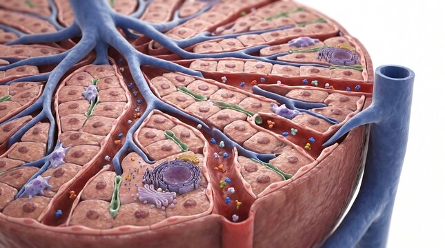 Detailed medical vector illustration of a liver lobule cross section highlighting cellular