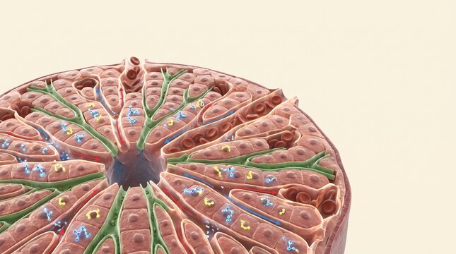 Liver lobule microscopic structure vector graphic displaying central vein and hepatocyte cords