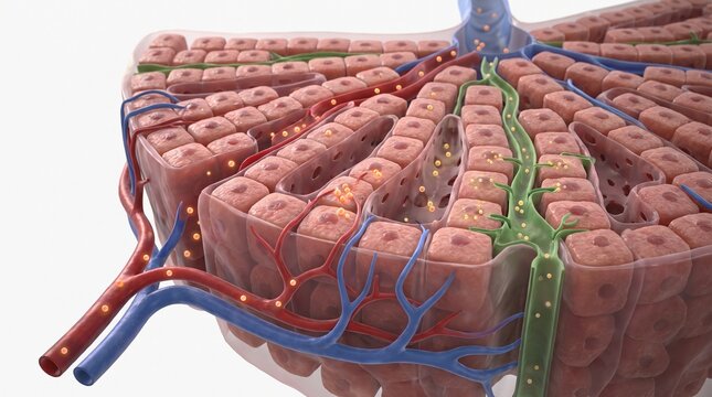 Microscopic view of human liver lobule structure showing hepatocytes sinusoids and bile ducts