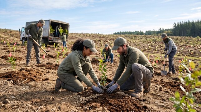 Diverse team planting saplings in deforested land during daytime with clear sky