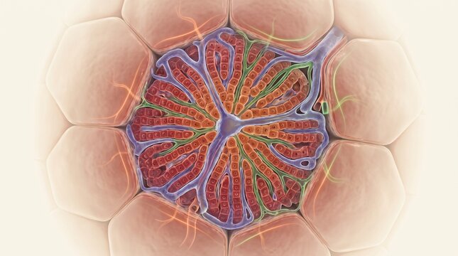 Microscopic view of human liver tissue lobule showing hepatic cells and blood vessel network