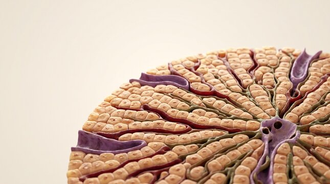 Close-up 3D medical illustration of liver lobule structure showcasing hepatocytes and portal