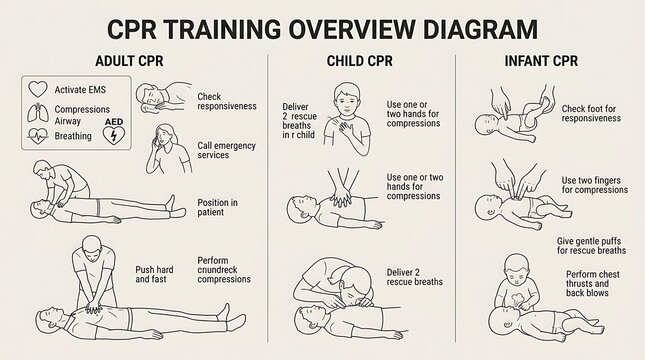 Comprehensive cpr training overview diagram for all age groups