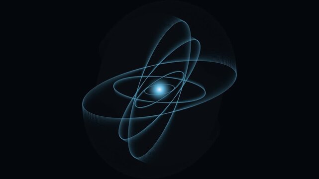 Abstract Glowing Cyan Blue Atomic Structure Motion Background Loop, Dynamic Quantum Physics Core with Electron Orbits for Sci-Tech & VJ Visuals