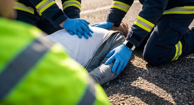 Paramedics perform chest compressions on patient during emergency road scene medical rescue operation.