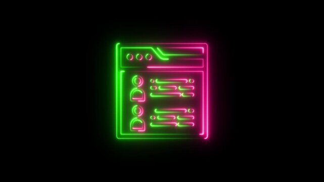 Glowing neon Web browser interface icon with user profile settings, login form, account management, registration page, online application, secure access, and modern website navigation design concept.