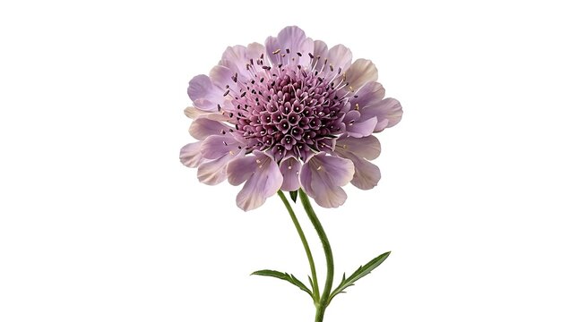 Single light purple scabiosa pincushion flower bloom with stem isolated on clean white background scabiosa pincushion lavender isolated