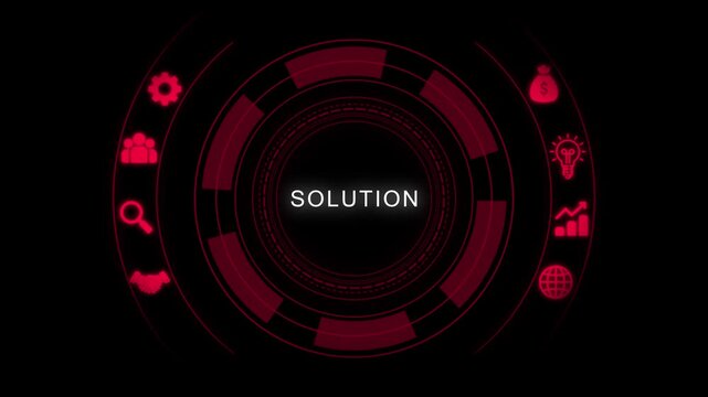Circular infographic with concentric red lines and white text SOLUTION on dark background with red and transparent background