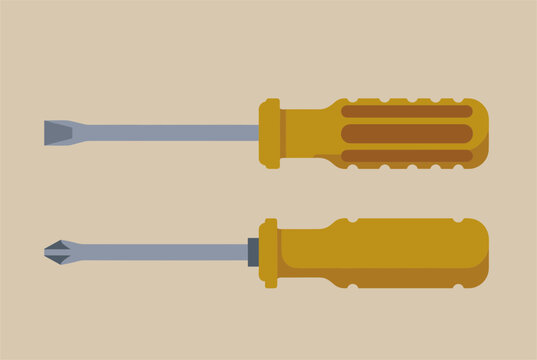 Flathead and phillips screwdrivers with yellow handles shown horizontally in a flat vector design on beige background.