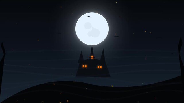 Halloween Night Haunted House and Castle with Bats Under a Full Moon, Dark Forest Silhouette, Glowing Moonlight and Spooky Blue Sky Landscape Illustration