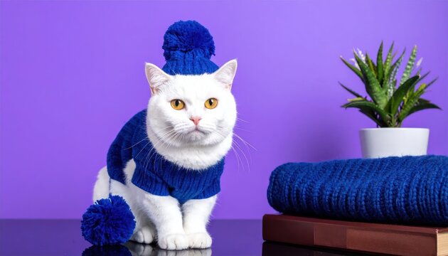 White cat wearing blue winter hat and sweater.