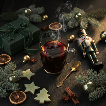 Steaming Glass Mug of Mulled Wine on Dark Wooden Table with Green Velvet Gift Box, Nutcracker and Sage Gingerbread for Mindful Hygge Evening