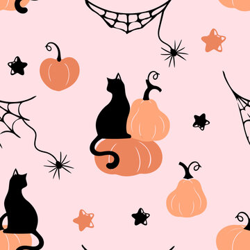 Cute seamless Halloween black cat and pumpkin pattern featuring stacked pumpkins, spider webs, spiders, and playful stars on a soft pink background in hand drawn flat vector.