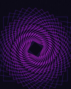 Hypnotic neon spiral vortex with glowing purple and blue abstract light trails in dark space