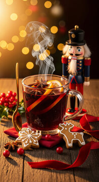 Steaming Glass Mug of Red Mulled Wine with Cinnamon Stick, Snowflake Gingerbread and Nutcracker Figurine on Rustic Wooden Table