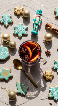 Glass Cup of Red Mulled Wine with Star Anise Beside Christmas Gingerbread Cookies and Golden Nutcracker Figurine with Turquoise Ornaments