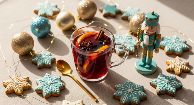 Glass Mug of Steaming Homemade Mulled Wine with Cinnamon Stick, Golden Nutcracker and Turquoise Ornaments on Bright Festive Table