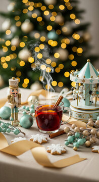 Vertical View of Steaming Spiced Wine Cup with Turquoise Carousel and Fairy Light Bokeh for Bright Social Media Stories