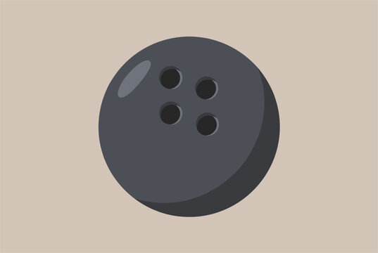 Heavy dark grey bowling ball with four finger holes close up isolated on a simple pastel brown background.