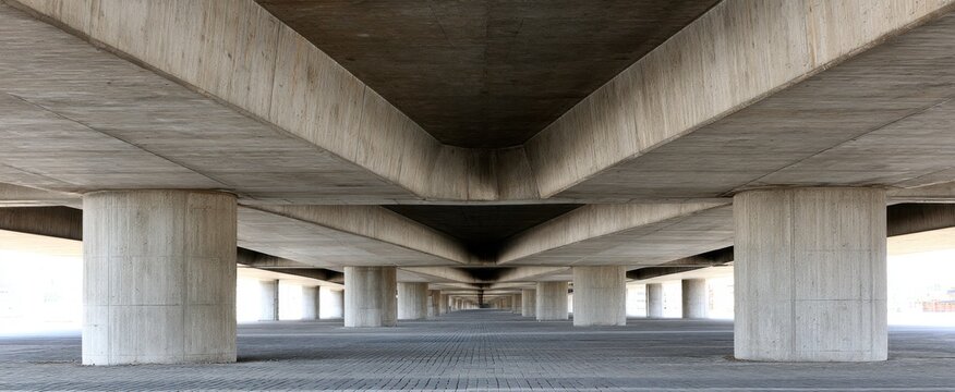 Urban architecture underneath a modern concrete bridge structure