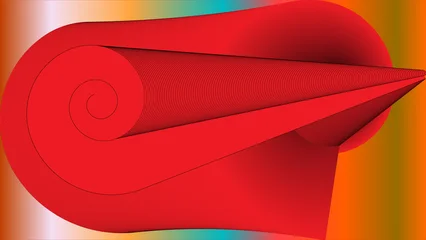 Fototapete 3D Abstract Red Spiral Tunnel with Flowing Geometric Lines on Colorful Gradient Background  © jubaear