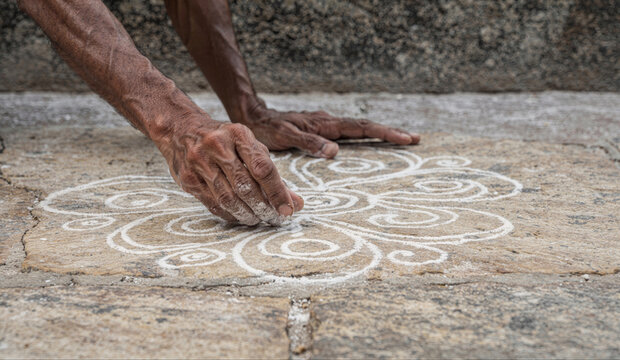 Elderly Hands Drawing Traditional Rice Flour Kolam on Stone Floor