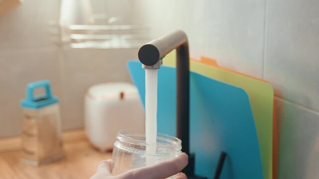 Hands pouring water into jar under steady tap student cook measures refill in sunny kitchen, colorful boards and wooden counter frame focused domestic routine for ingredient storage