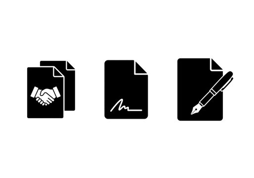 Contract signature and pen icons are displayed as black silhouettes against a white background agreement collaboration