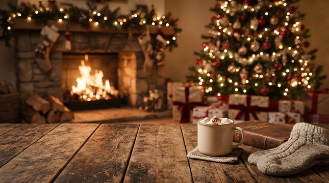 Holiday table with christmas tree and fireplace  with copy space