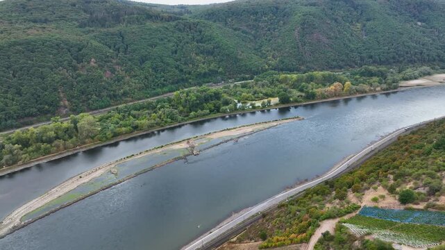 Rhine River nearby Bingen, Germany - Visible rocks and sandbars due to extraordinary low water level after a long period of drought