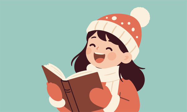 Joyful little girl wearing a red winter hat and scarf laughing happily while holding an open book in her hands.