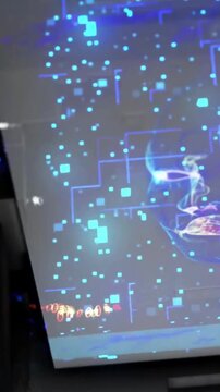 Futuristic digital data cube and face with abstract ai form