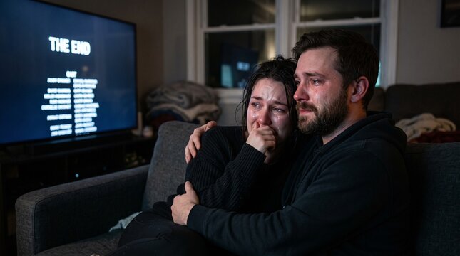 Heartbroken young couple crying and hugging while watching a sad movie finale on television at home at night