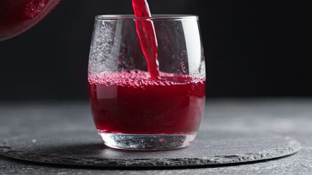 Red beverage pouring into a clear glass on a dark textured slate background.