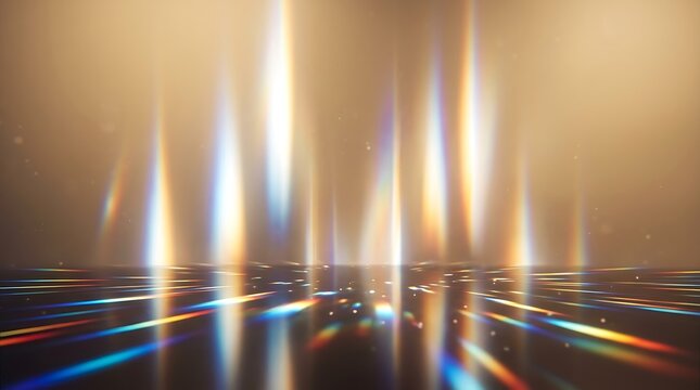 Abstract background with golden light beams and colorful lens flares